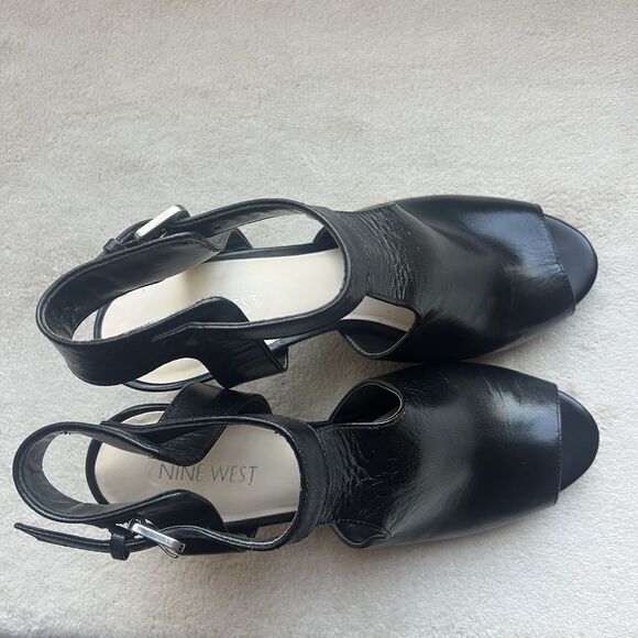 New Nine West Infusion Black Leather Heeled Sandals Women 8.5 M Ankle Strap - Picture 8 of 16